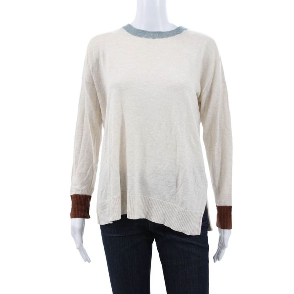 Lilla P Womens Beige Crew Neck Pullover Long Sleeve Cotton Linen Size M